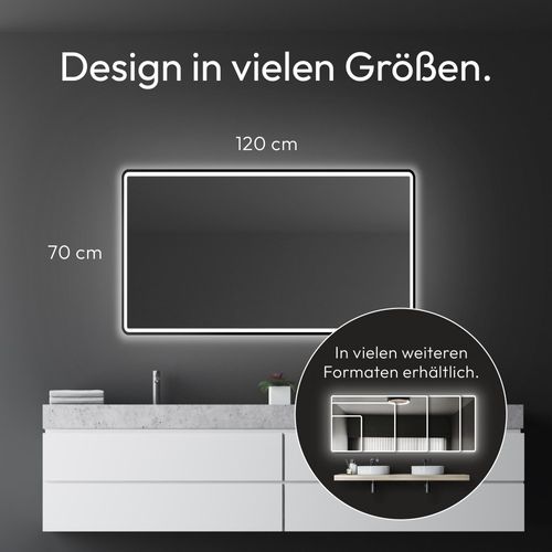 LED Badspiegel TALOS black Moon 120x70 cm - Badezimmerspiegel mit Beleuchtung - feuchtwassergeeignet durch Aluminiumrahmen - Licht-Farbe Neutralweiß