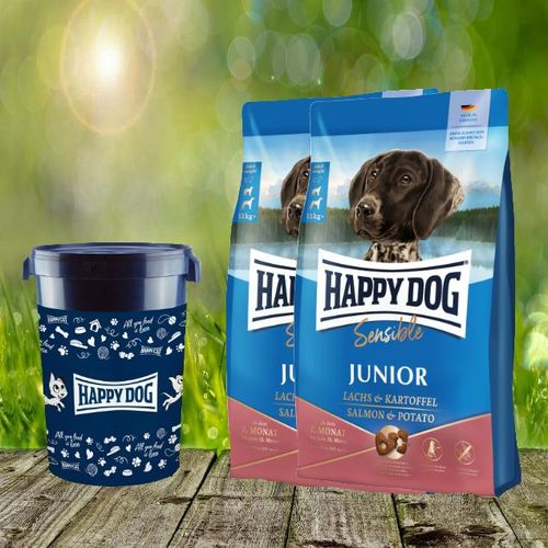 Happy Dog Sensible Junior - Huhn, Lachs & Kartoffel - Glutenfreie Vollnahrung für sensible Junghunde - 2 x 10 kg + Futtertonne 43 Liter