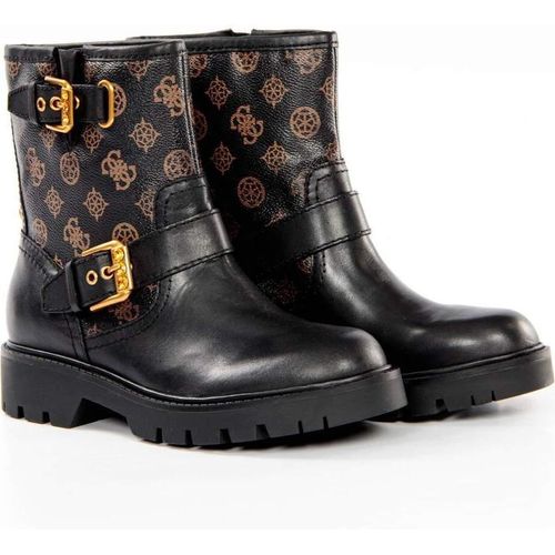 Schwarz gemusterte Lederstiefeletten mit Zierriemen Guess