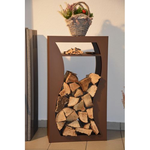 Kaminholzregal Brennholzregal Innen Metall Welle mit Fach - Edelrost Optik (Corten Effect)