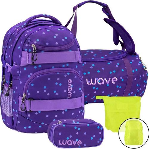 Wave Schulrucksack Set Mädchen 4tlg PURPLE DOTS mit Sporttasche Schlamper Regenschutz ab 5. Klasse