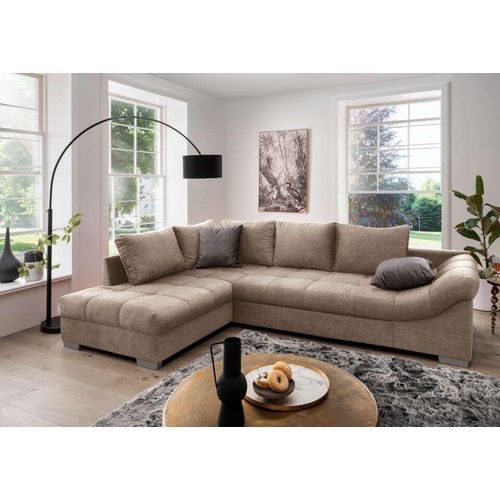 Ecksofa Alvito mit Schlaffunktion - Eleganter Mikrofaser-Stoff - Ausrichtung: Vorstehend links. Farbe: Silber