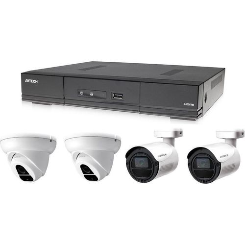 Überwachungskamera Set 4CH H.265, 1x AVTECH DVR DGD1005AV, 2x 2MPX Dome kamera AVTECH DGC1004XFT, 2x 2MPX Bullet kamera AVTECH DGC1105YFT, Überwachungssystem mit 2x Stromversorgung, 1080p Video, IP66 wasserdichte