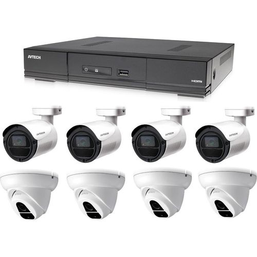 Überwachungskamera Set 8CH H.265, 1x AVTECH DVR DGD1009AV, 4x 2MPX Dome kamera AVTECH DGC1004XFT a 4x 2MPX Bullet kamera AVTECH DGC1105YFT, Überwachungssystem mit 4x Stromversorgung, 1080p Video, IP66 wasserdichte