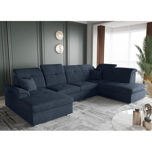 Wohnlandschaft Schlafsofa FREJA Stoff Brooklyn Marine Langer Schenkel Rechts