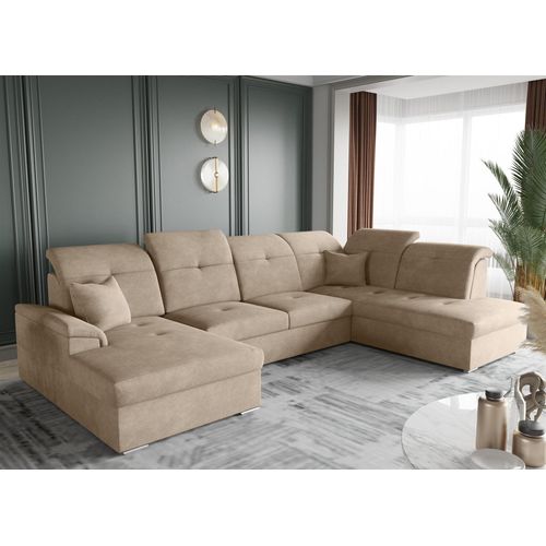 Wohnlandschaft Schlafsofa FREJA Stoff Brooklyn Cappuccino Langer Schenkel Rechts
