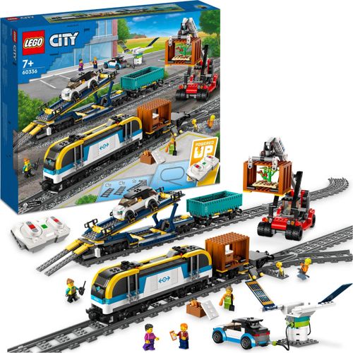 LEGO City Güterzug, Spielzeug-Eisenbahn mit Ton, ferngesteuerter Zug, Autotransporter, 33 Schienen-Elemente und 2 Autos, Set ab 7 Jahre 60336