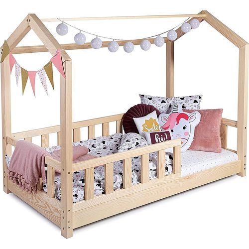 Kinderbett Bett Hausbett 160x200 mit Rausfallschutz Latternost Bettgestell aus Kiefer Holz für Haus Kinder Jungen & Mädchen - Holzbett Baby Kinderzimmer Junge Deko (Rausfallschutz: KEIN)