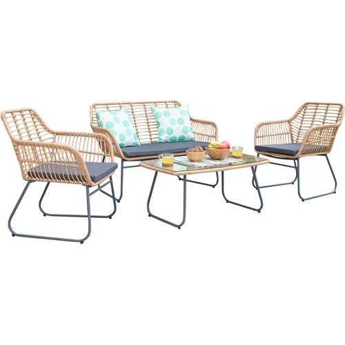 Garten-Sitzgruppe SOMMERSDORF in natur inkl. 2 Stühle, 1 Bank, 1 Couchtisch
