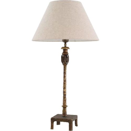 Casa Padrino Luxus Tischleuchte Vintage Messing / Beige Ø 44,5 x H. 84 cm - Schreibtischleuchte mit rundem Lampenschirm - Luxus Tischleuchten - Luxus Schreibtischleuchten - Luxus Leuchten