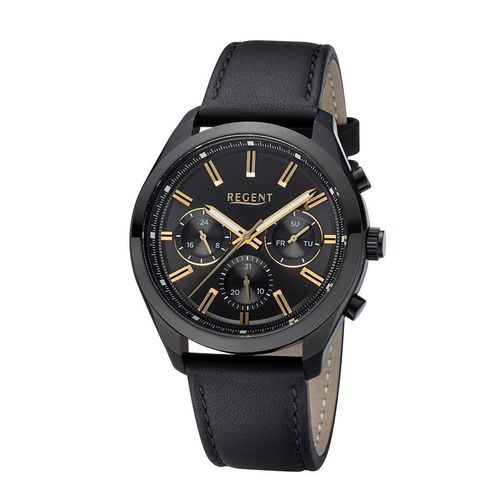 Regent Herren Uhr Chronograph BA-768 Leder schwarz, Edelstahl Ionen schwarz Beschichtet
