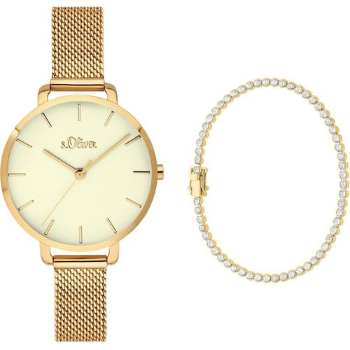 S.Oliver Geschenk Set - Damenuhr und Armband Edelstahl IP Gold