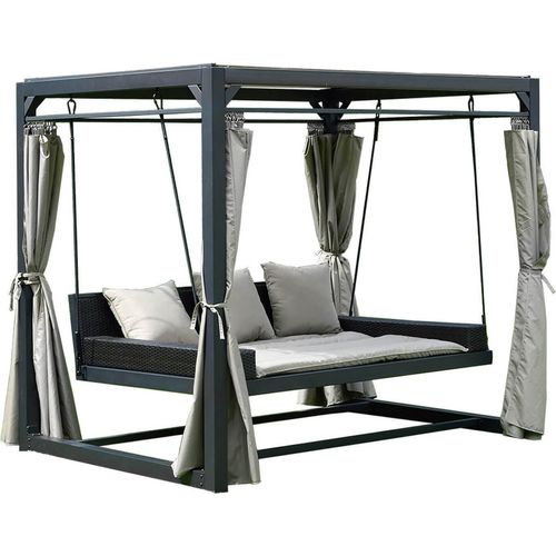 HOME DELUXE - Gartenliege - PROVENCE inkl. Abdeckung, Maße: ca. 236 x 180 x 210 cm, Schwebendes Rattanbett inkl. Vorhänge und Schiebedach I Hollywoodschaukel Sonnenliege Schaukelliege