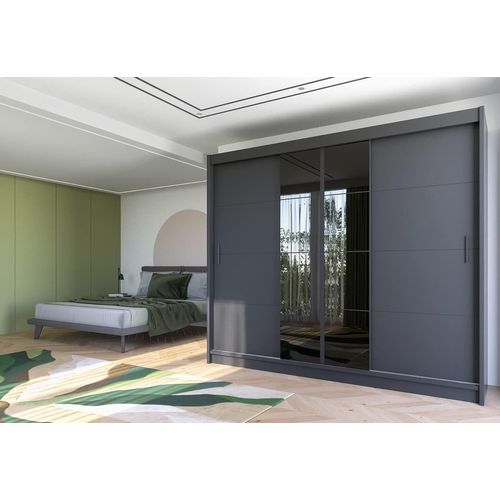 Kleiderschrank Porto II mit Spiegel 250 cm, Schwebetürenschrank, Garderobeschrank Schlafzimmer; Wohnzimmerschrank; Korpus Schrank Farbe: Graphit; Farbe der Schrankfront: Graphit