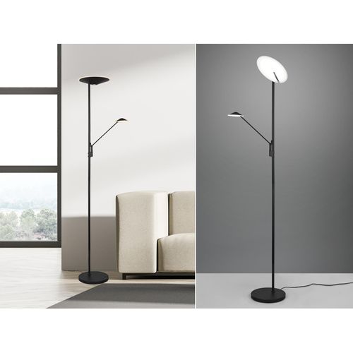 LED Deckenfluter mit Leselampe in Schwarz matt schwenkbar & dimmbar hinter Sofa