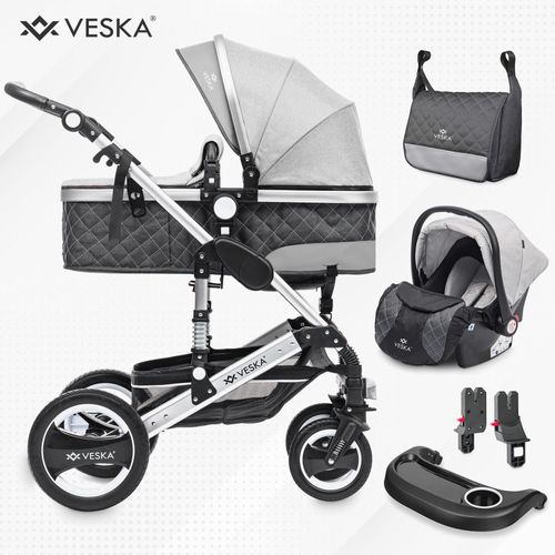 VESKA® 3 in 1 Kombi-Kinderwagen inkl. Babyschale, Buggy, Jogger mit Wickeltasche, Moskitonetz, Regencover, Spieltisch, Autoschale Fußsack, QuickFold, Aluminiumrahmen - Silber - anthrazit/grau