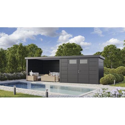 Gartenhaus Classico 3330 inkl. Lounge 3330 links mit Seitendach, Rück- und Seitenwand 691 x 318 cm granitgrau