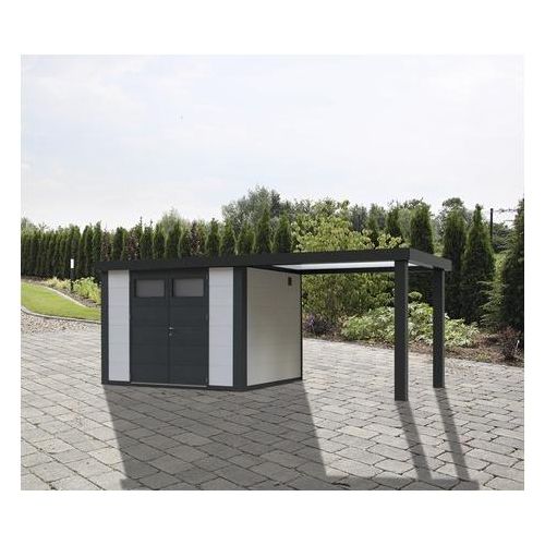 Gartenhaus Classico 2724 inkl. Regenrinne mit Seitendach rechts 572 x 259 cm weiß