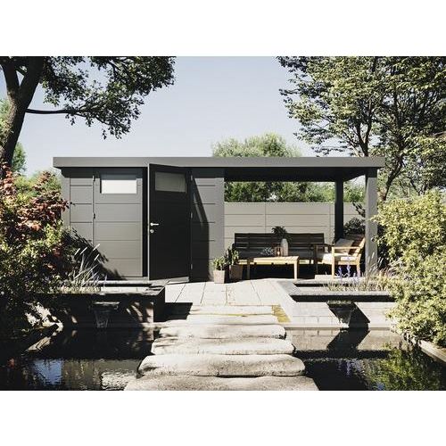 Gartenhaus Classico 2724 inkl. Regenrinne mit Seitendach rechts 572 x 259 cm granitgrau