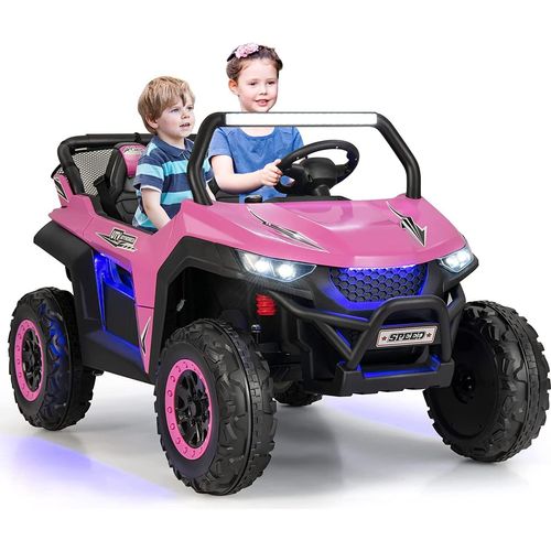 GOPLUS 12V Kinder Elektroauto, 2-Sitzer Kinderfahrzeug mit 2,4 GHz Fernbedienung, Scheinwerfer, Musik, Coolen Lichteffekten & Aufbewahrungstasche, für 3-8 Jahre (Rosa)