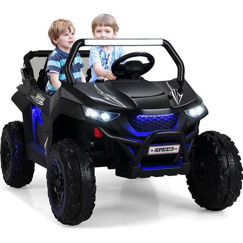 GOPLUS 12V Kinder Elektroauto, 2-Sitzer Kinderfahrzeug mit 2,4 GHz Fernbedienung, Scheinwerfer, Musik, Coolen Lichteffekten & Aufbewahrungstasche, für 3-8 Jahre (Schwarz)