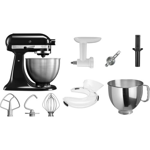 KitchenAid 4,3 L 5K45SS Classic Küchenmaschine Set 4 Fleischwolf+Spritzgebäck+Schüssel+Spritzschutz, Farbe:Onyx Schwarz