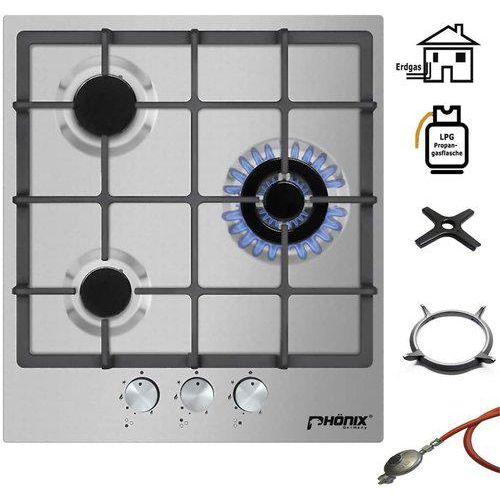 Phönix PS-450T Gaskochfeld 3 flammig Edelstahl Gaskocher Einbauherd + Set Propangas