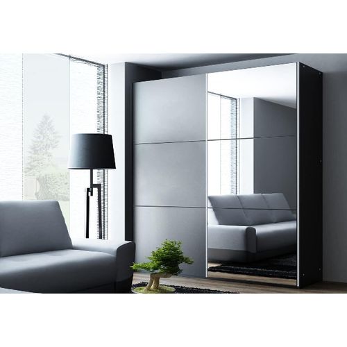 Kleiderschrank Vigo mit Spiegel 150 cm, Schwebetürenschrank, Garderobeschrank Schlafzimmer; Wohnzimmerschrank; Korpus Schrank Farbe: Schwarz; Farbe der Schrankfront: Schwarz