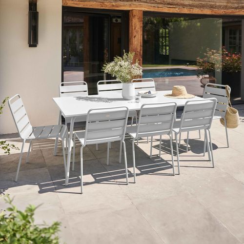 Gartentisch und 8 Stühle aus pulverbeschichtetem Stahl Weiß - Oviala Palavas