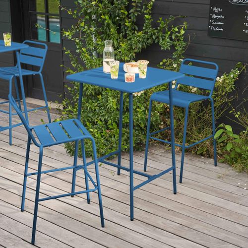 Bartisch in 70 x 70 x 105 cm und 2 Hochstühle aus Stahl Pazifisch blau - Oviala Palavas