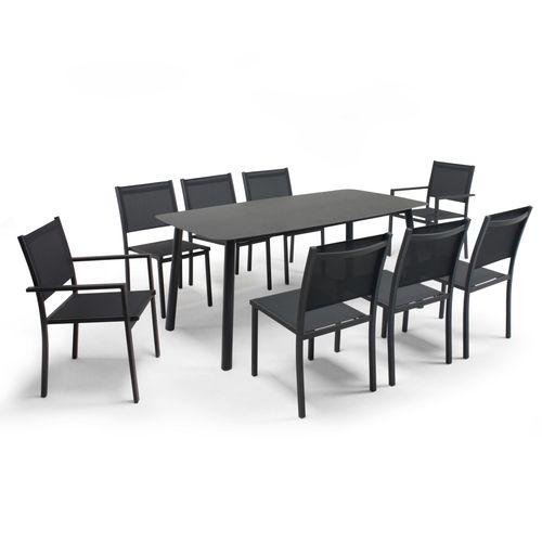 Tisch aus Aluminium + weißem Stein + 6 Stühle + 2 Sessel Grau - Oviala Piedra