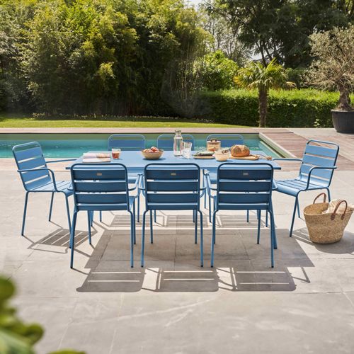 Gartentisch und 8 Metallsessel Pazifisch blau - Oviala Palavas