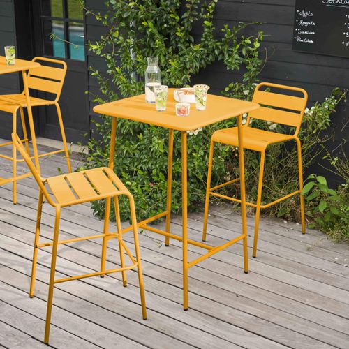 Bartisch in 70 x 70 x 105 cm und 2 Hochstühle aus Stahl GELB - Oviala Palavas