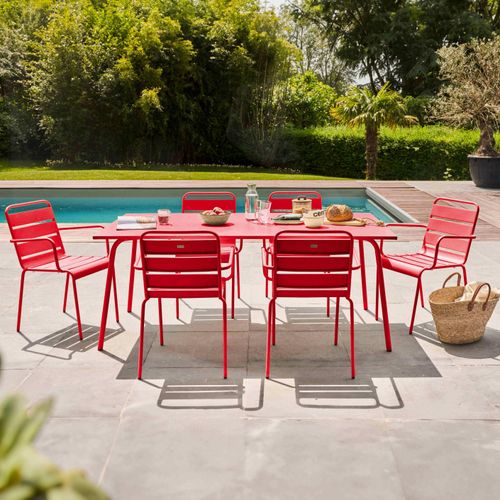 Gartentisch und 6 Stahlsessel Rot - Oviala Palavas