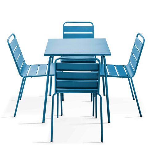 Set aus Gartentisch (70 cm) und 4 Metallstühlen Pazifisch blau - Oviala Palavas