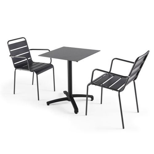 Set aus neigbarem quadratischem HPL-Tisch und 2 Metallsesseln Grau - Oviala Opéra
