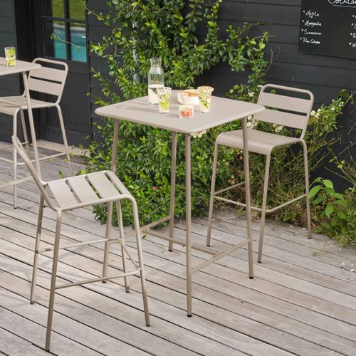 Bartisch in 70 x 70 x 105 cm und 2 Hochstühle aus Stahl Taupe - Oviala Palavas
