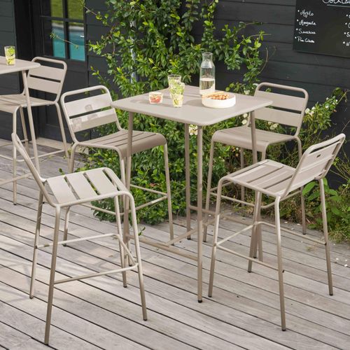 Bartisch in 70 x 70 x 105 cm und 2 Hochstühle aus Stahl Taupe - Oviala Palavas