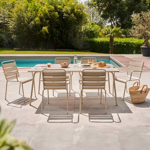 Gartentisch und 6 Stahlsessel Taupe - Oviala Palavas