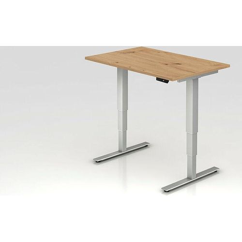 Büro Schreibtisch Stehtisch höhenverstellbar 120x80 cm Modell XDSM12 mit Memory-Schalter R=Asteiche-silber-ohne PC Halter