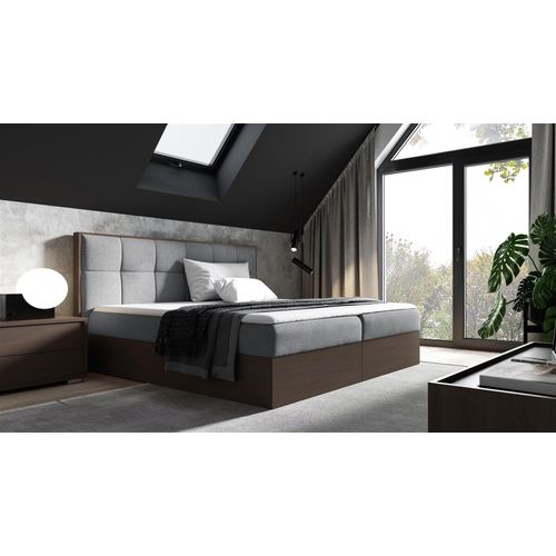 Boxspringbett Bett THANOS 180x200cm Dunkel Eiche Stoff Grau inkl. Bettkasten