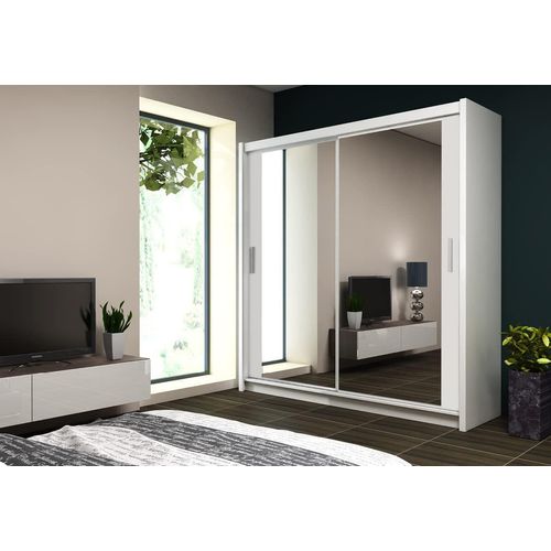 Kleiderschrank Paris mit Spiegel 203 cm, Schwebetürenschrank, Garderobeschrank Schlafzimmer; Wohnzimmerschrank; Korpus Schrank Farbe: Schwarz; Farbe der Schrankfront: Schwarz