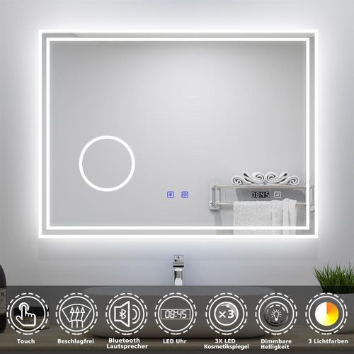AICA LED Badspiegel 80x60cm mit Uhr Bluetooth Beschlagfrei 3-Fach Vergrößerung Schminkspiegel Badezimmerspiegel 3 Lichtfarbe 3000K/4500K/6000K IP44