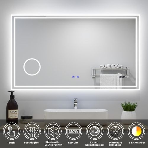 AICA LED Badspiegel 160x80cm mit Uhr Bluetooth Beschlagfrei 3-Fach Vergrößerung Schminkspiegel Badezimmerspiegel 3 Lichtfarbe 3000K/4500K/6000K IP44