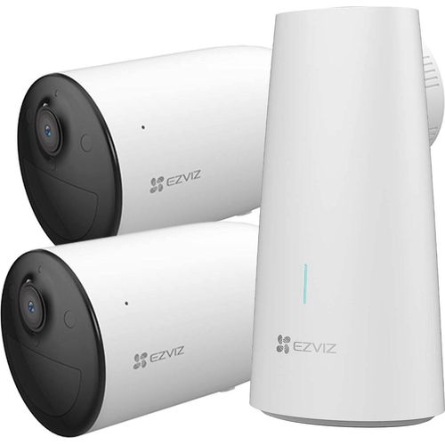 EZVIZ HB3-2 - Video-Überwachungssystem mit zwei batteriebetriebenen 2K WLAN Überwachungskameras, Aktive Verteidigung mit Sirene und Stroboskoplicht