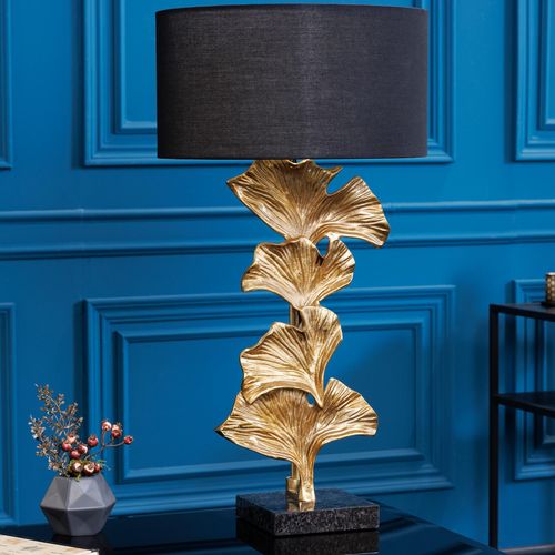 Design Tischlampe GINKGO 70cm schwarz Stoffschirm gold Metall handmade Marmor-Fuß