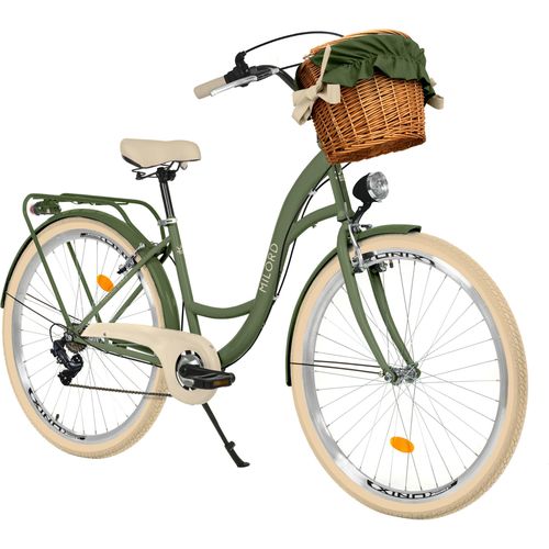 Milord Komfort Fahrrad Mit Weidenkorb Damenfahrrad, 28 Zoll, Grün-Creme, 7 Gang Shimano