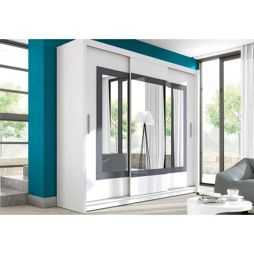 Kleiderschrank Preston mit Spiegel 250 cm, Schwebetürenschrank, Garderobeschrank Schlafzimmer; Wohnzimmerschrank; Korpus Schrank Farbe: Weiss; Farbe der Schrankfront: Weiss