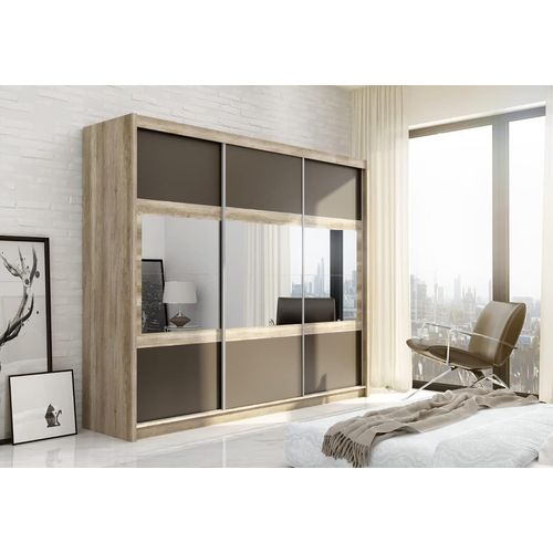 Kleiderschrank Salwador mit Spiegel 250 cm, Schwebetürenschrank, Garderobeschrank Schlafzimmer; Wohnzimmerschrank; Korpus Schrank Farbe: Eiche-Canyon; Farbe der Schrankfront: Weiss