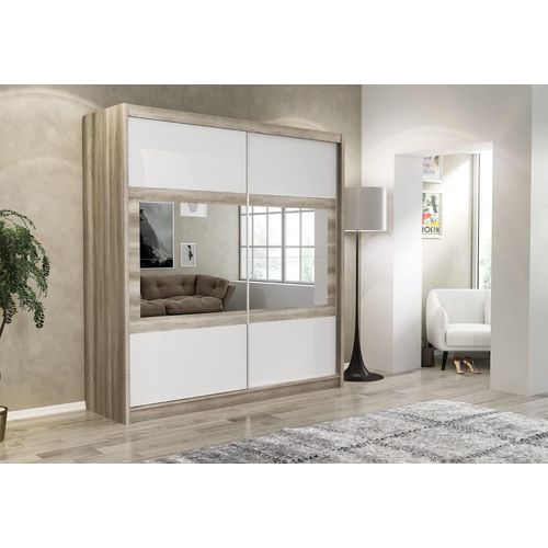 Kleiderschrank Salwador mit Spiegel 203 cm, Schwebetürenschrank, Garderobeschrank Schlafzimmer; Wohnzimmerschrank; Korpus Schrank Farbe: Eiche-Canyon; Farbe der Schrankfront: Lava
